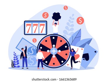 Happy people playing poker. Gamblers with chips and cards gathering at roulette, winning money. Vector illustration for online casino, gamble, risk concept