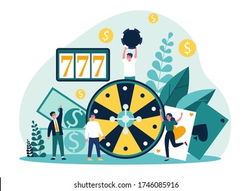 Happy people playing poker. Gamblers with chips and cards gathering at roulette, winning money. Vector illustration for online casino, gamble, risk concept