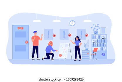 Happy people playing in quest escape room isolated flat vector illustration. Cartoon adventurers or hunters searching exit and looking for treasure. Game and adventure concept