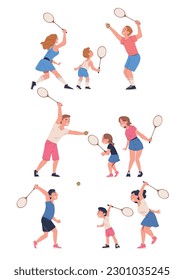 Happy people playing tennis set. Children training with rackets and ball cartoon vector illustration