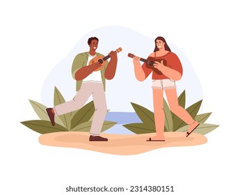 Happy people playing ukulele on beach, flat vector illustration isolated on white background. Man and woman playing small guitar. Concepts of music and string instruments.