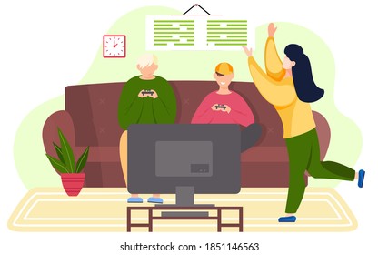 Happy people are playing video games. Mom and sons gaming with gamepad controller. Men holding joystick in hands. Family pastime. Parents spend time with children while playing with console