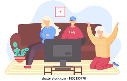 Happy people are playing video games. Mom and sons gaming together. Men holding joystick in hands. Family pastime at home. Parents spend time with children. The girl turns away and gets angry