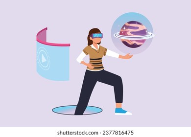 Happy people playing virtual game. Virtual game  concept. Colored flat vector illustration isolated.