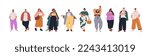 Happy people with plus-size curvy figures. Body-positive fat men, plump women. Modern pretty chubby chunky stout male and female characters. Flat vector illustrations isolated on white background