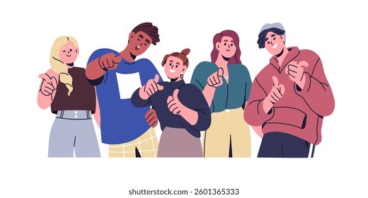 Happy people point at you. Smiling male and female characters group showing, choosing, picking, pointing with hand gesture, inviting finger sign. Flat vector illustration isolated on white background