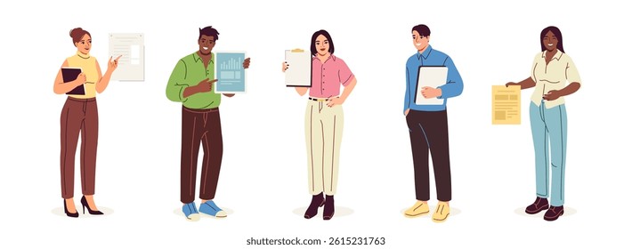 Happy People Pointing With Fingers. Smiling men and women showing with hand gesture to document, newspaper or notepad. Introducing Product. Flat vector illustration collection isolated on background