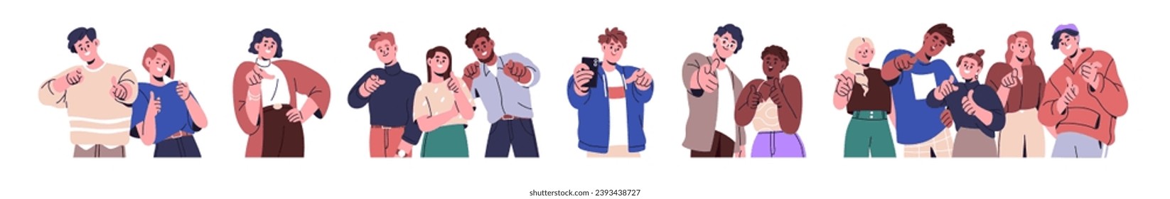 Happy people pointing, showing at you, gesturing with fingers. Smiling excited positive characters choosing, hiring, recruiting, wanting. Flat vector illustrations set isolated on white background