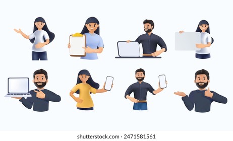 Happy people pointing at smth with fingers and hands, showing and introducing product with hand gesture, 3D illustration. Presenters set presenting sth with devices. 3D vector illustrations