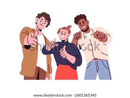 Happy people pointing at you, choosing and inviting hand gesture. Excited positive team picking, indicating with finger. Hiring, choice concept. Flat vector illustration isolated on white background