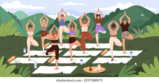 Happy people practice yoga in mountain landscape. Men and women stand in tree pose at nature. Characters do physical exercises in group outdoor sports training with coach. Flat vector illustration