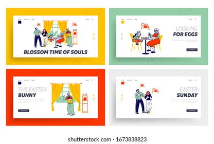 Happy People Prepare for Easter Celebration Landing Page Template Set. Family Characters Decorating and Painting Eggs for Traditional Spring Holidays, Homemade Craft. Linear Vector Illustration