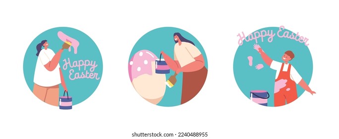 Happy People Prepare for Easter Celebration. Young Women and Child Boy Painting Eggs with Paints Isolated Round Icons or Avatars. Preparation for Spring Holidays. Cartoon Vector Illustration