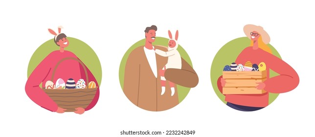 Happy People Prepare for Easter Holiday Celebration. Young Father with Baby on Hands, Mom and Son Family Characters Holding Painted Eggs Isolated Round Icons or Avatars. Cartoon Vector Illustration