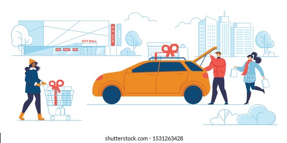 Happy People Prepare for Winter Holidays Buying Gifts for Christmas and New Year Celebration. Couple Put Boxes to Car Trunk, Woman Pushing Trolley with Purchases. Cartoon Flat Vector Illustration