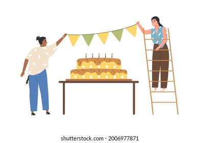 Happy people preparing for birthday party celebration with big cake. Cheerful women decorating, hanging festive paper garland. Colored flat vector illustration isolated on white background