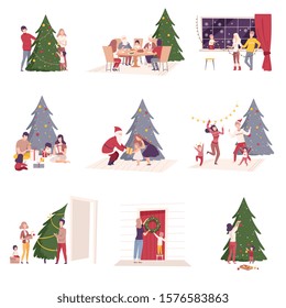Happy People Preparing and Celebrating Winter Holidays, Men, Women and Kids Decorating Christmas Tree, Giving Gifts, Sitting at Festive Table Vector Illustration