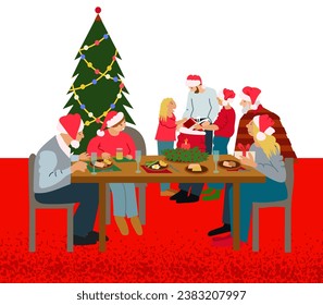 Happy people preparing and celebrating winter holidays. Family giving gifts, sitting at festive table vectoriIllustration