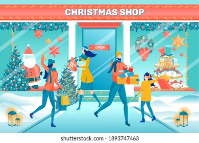 Happy People Preparing Gifts at Christmas Shop. Crazy Women, Cheerful Father with Daughter after Holidays Shopping at Xmas Market. Store Exterior with Festive Showcases. Cartoon Vector Illustration