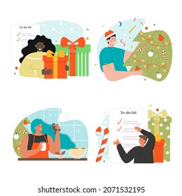 Happy people preparing gifts, cookies, decorating tree for New Year and Christmas party celebration, vector illustration
