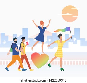Happy people in pride parade. Diversity, discrimination, freedom concept. Vector illustration can be used for topics like tolerance, homophobia, social rights