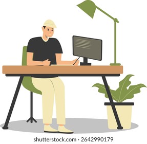 Happy People Programmer Working at Home. Vector Illustration