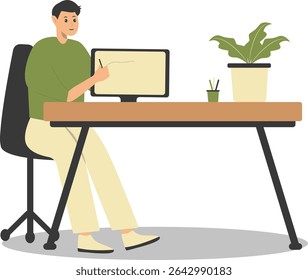 Happy People Programmer Working at Home. Vector Illustration