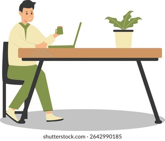 Happy People Programmer Working at Home. Vector Illustration