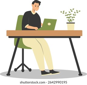 Happy People Programmer Working at Home. Vector Illustration