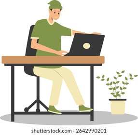 Happy People Programmer Working at Home. Vector Illustration