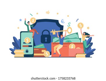 Happy people protecting money isolated flat vector illustration. Men and woman holding key from shield or coins and protecting bank deposit. Financial safety and business insurance concept svg