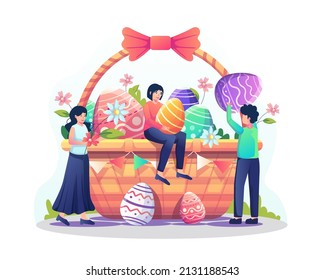 Happy people putting eggs and flowers into the giant basket for the easter day celebration. Flat style vector illustration