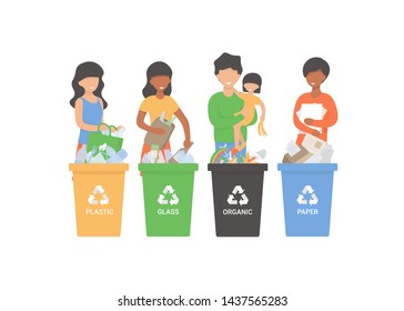 Happy people putting rubbish in trash bins, dumpsters or containers. Set of happy men and women practicing garbage collection, sorting and recycling. Flat cartoon vector illustration. 