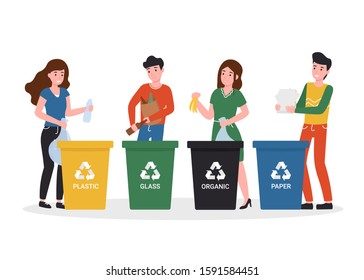 Happy people putting rubbish in trash bins, dumpsters or containers. Set of happy men and women practicing garbage collection, sorting and recycling. Flat cartoon vector illustration. 