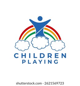 Happy people with rainbow and cloud logo design vector template