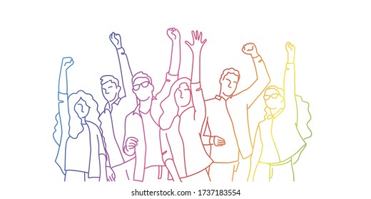 Happy people raised arms. Rainbow colors in linear vector illustration.