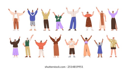 Happy people with raised hands, gesturing with arms. Excited characters with joyful expressions, emotions for victory celebration, support. Flat vector illustrations set isolated on white background