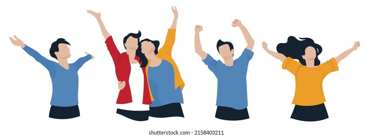 Happy people. People raised their hands up and enjoy life. Man and woman embrace. A set of characters. Vector image.