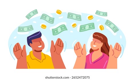 Pessoas felizes alcançam a queda do dinheiro. Liberdade financeira e sucesso empresarial. Investimento bem-sucedido, recompensa monetária