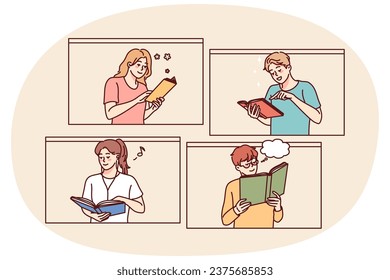 Happy people reading books. Smiling men and women enjoy literature. Education and knowledge. Vector illustration.