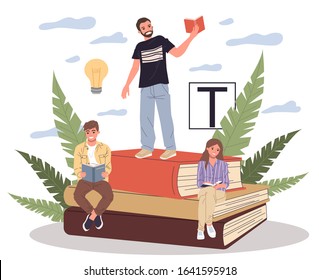 Happy people reading books. Students on stack of books, studying textbooks, getting knowledge. Vector illustration for learning, literature, library, education concept