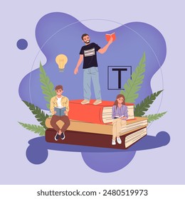 Happy people reading books. Students on stack of books, studying textbooks, getting knowledge. Vector illustration for learning, literature, library, education concept