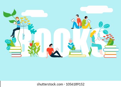 Happy people reading on books text - vector colorful illustration isolated on background