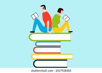 Happy people reading on tower of books - vector colorful illustration isolated on background