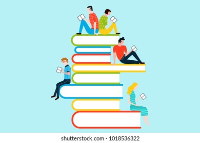 Happy people reading on tower of books - vector colorful illustration isolated on background