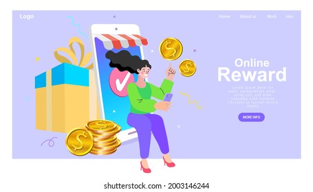 Happy people receive a gift box from smartphone. Digital referral and reward program. Online store or shop loyalty program and bonus. Online reward. Winner of the competition. Winner won money online.