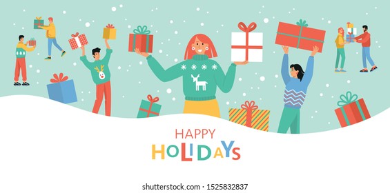 Happy people received gifts. Flat cartoon colorful vector illustration. Group of joyful people celebrate Christmas and hold presents. Isolated images on a blue background.