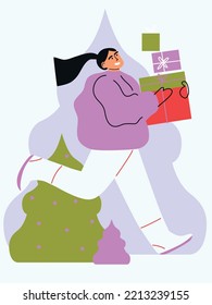 Happy people received presents. Flat cartoon colorful vector illustration. Joyful woman celebrate Christmas and hold gifts. Male and Female Characters Prepare for Christmas. 