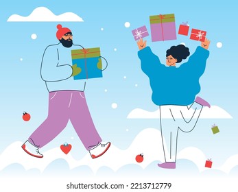 Happy people received presents. Flat cartoon colorful vector illustration. Joyful man celebrate Christmas and hold gifts. Male and Female Characters Prepare for Christmas. 