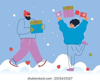 Happy people received presents. Flat cartoon colorful vector illustration. Joyful man and woman celebrate Christmas and hold gifts. Male and Female Characters Prepare for Christmas.	
